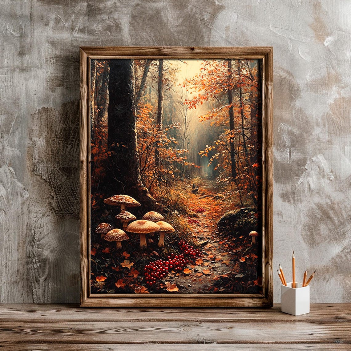 Mushrooms Forest Floor Autumn Path Woodland Painting Wall Art - Image 2