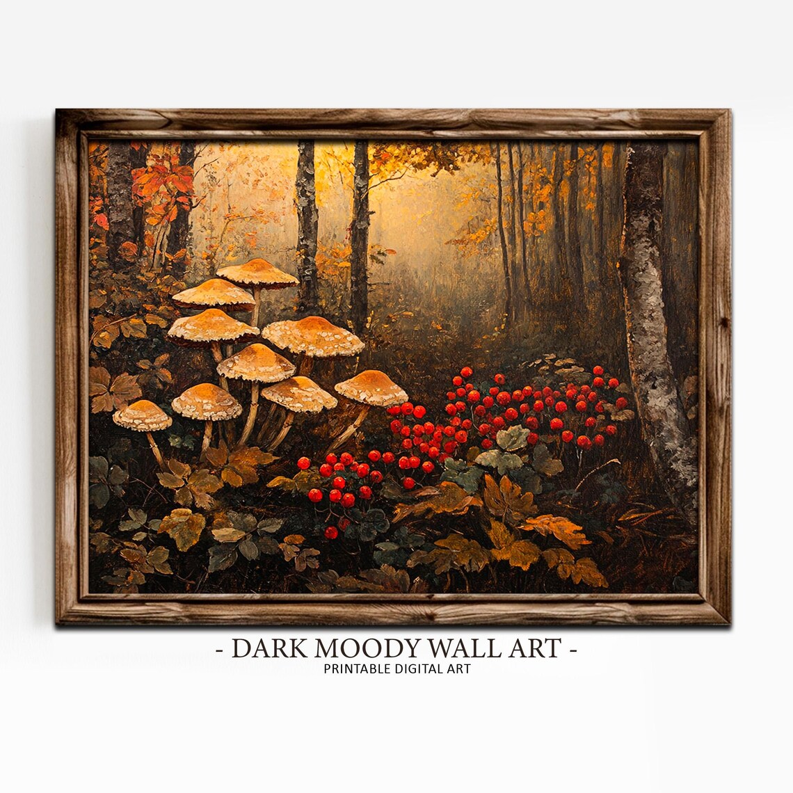Wild Mushrooms and Red Berries in Golden Autumn Forest Oil Painting Poster - Image 4