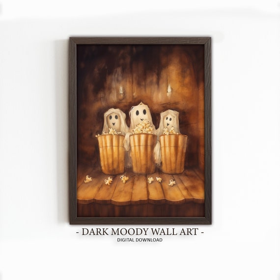 Cute Ghost Print Moody Haunted Halloween Art Gothic Ghost Eating Popcorn Painting Decor