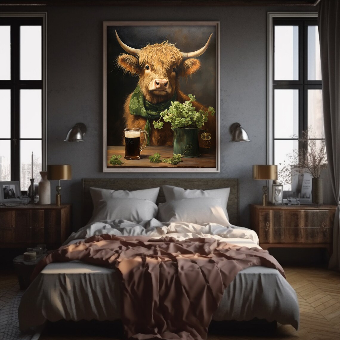 St. Patrick's Day Rustic Clover Highland Cow Art - Image 2
