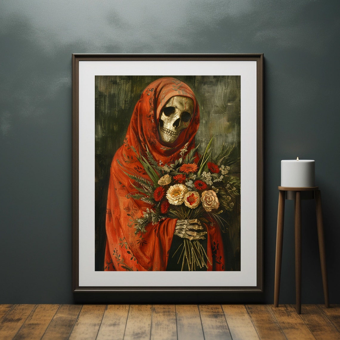 Santa Muerte Skeleton Red Robe Flower Bouquet Folk Art Poster - Image 6