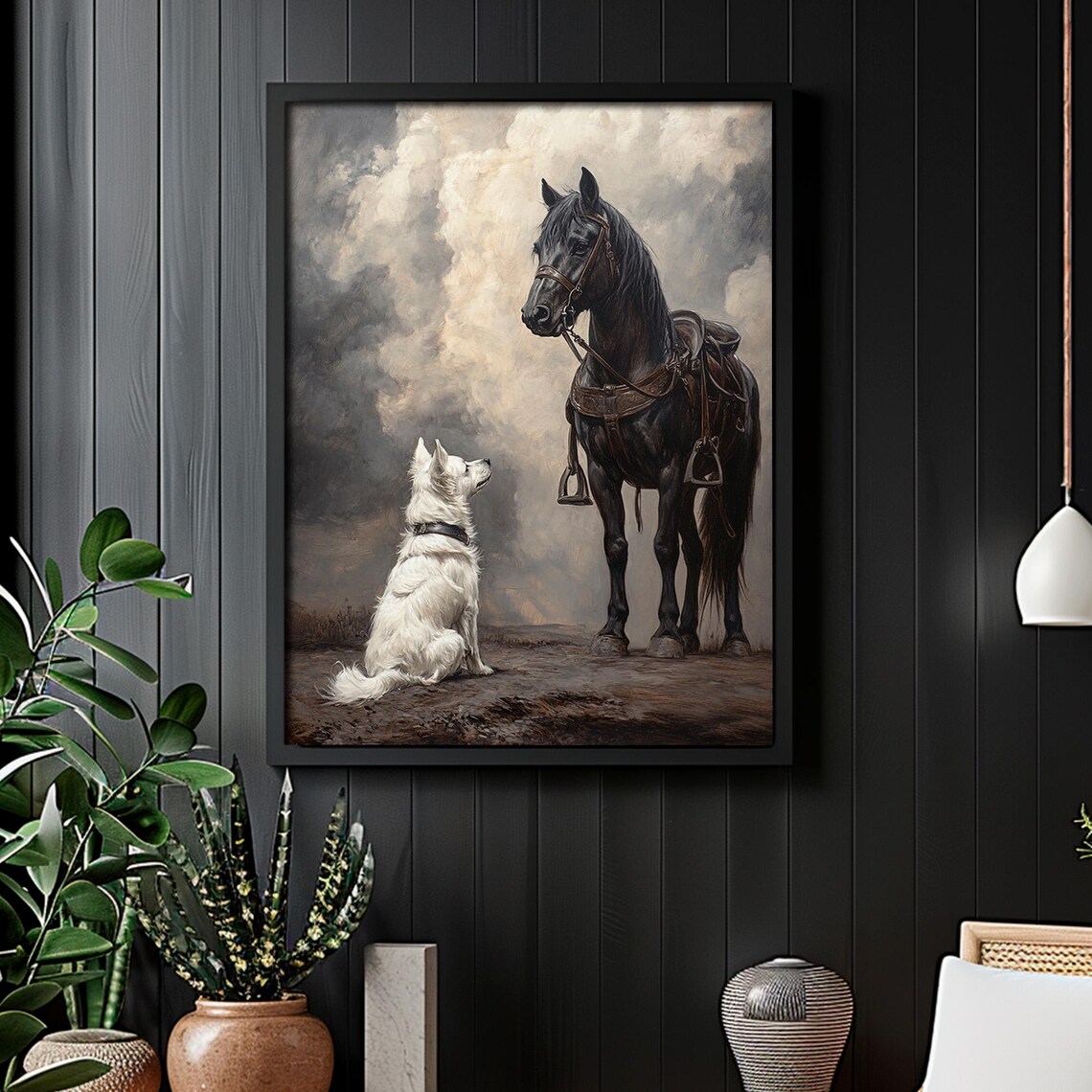 Black Horse And White Dog In Stormy Landscape Vintage Wall Art - Image 2