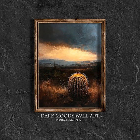 Desert Wall Art Golden Barrel Cactus Print Mexican Wall Art Southwest Wall Art Wild West Art Print Moody Landscape Painting