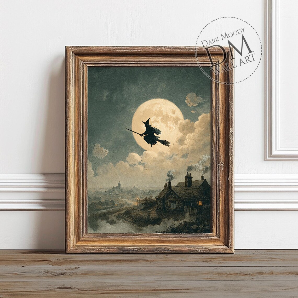 Witch Flying Over Village, Gothic Halloween Moon Art Print