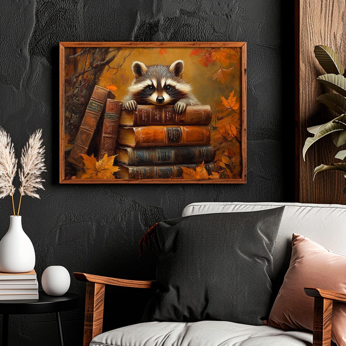 Vintage Raccoon On Stacked Antique Books Fall Autumn Leaves Wall Art - Image 5