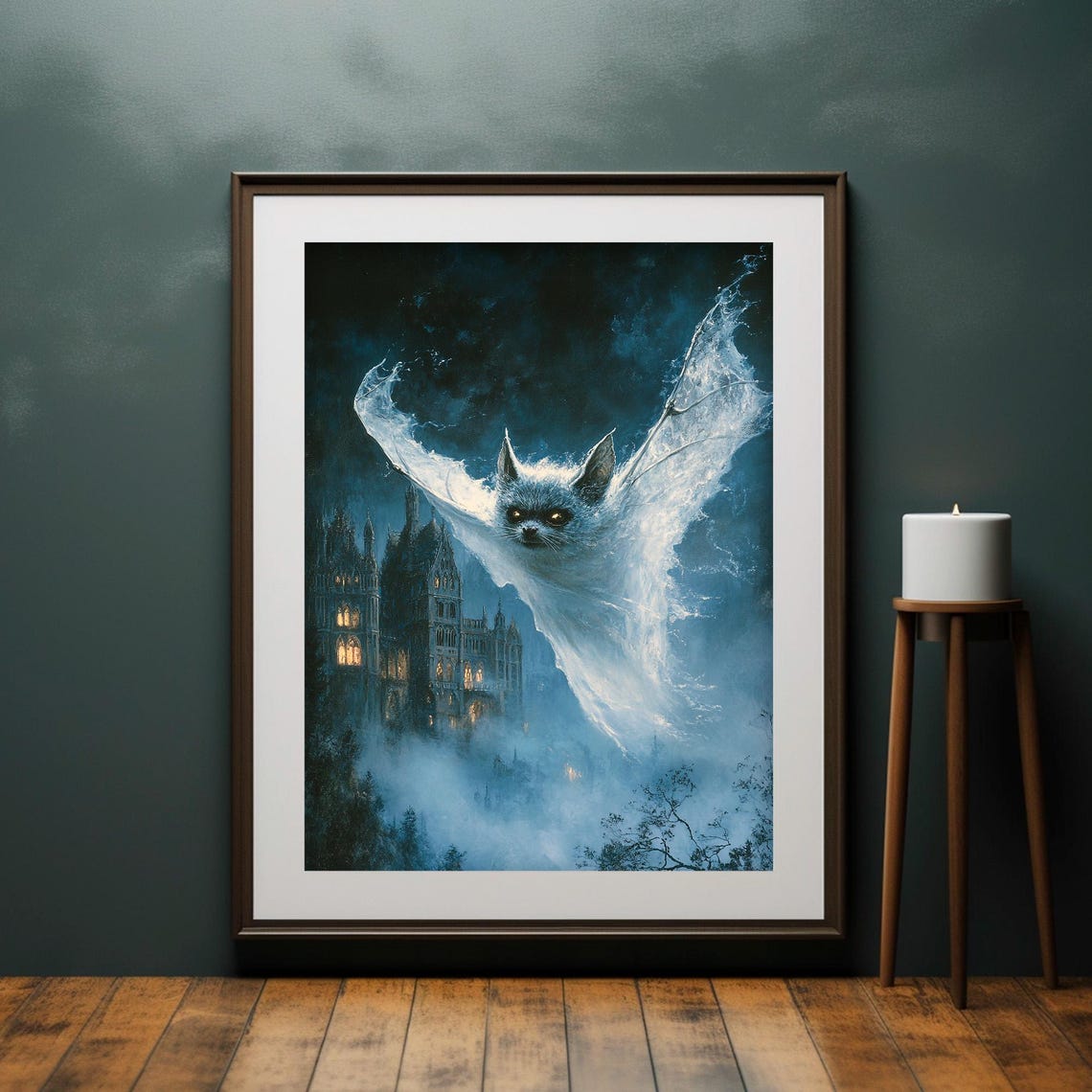 Spectral Blue Ghost Bat Haunted Castle Eerie Night Fantasy Poster - Image 4