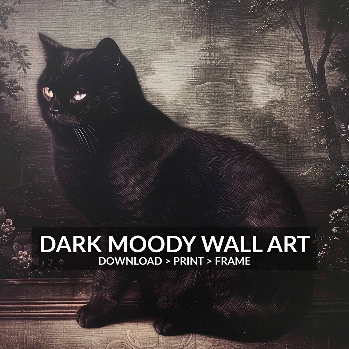 Black Cat Portrait Vintage Dark Moody Painting Antique Style Wall Art - Image 5