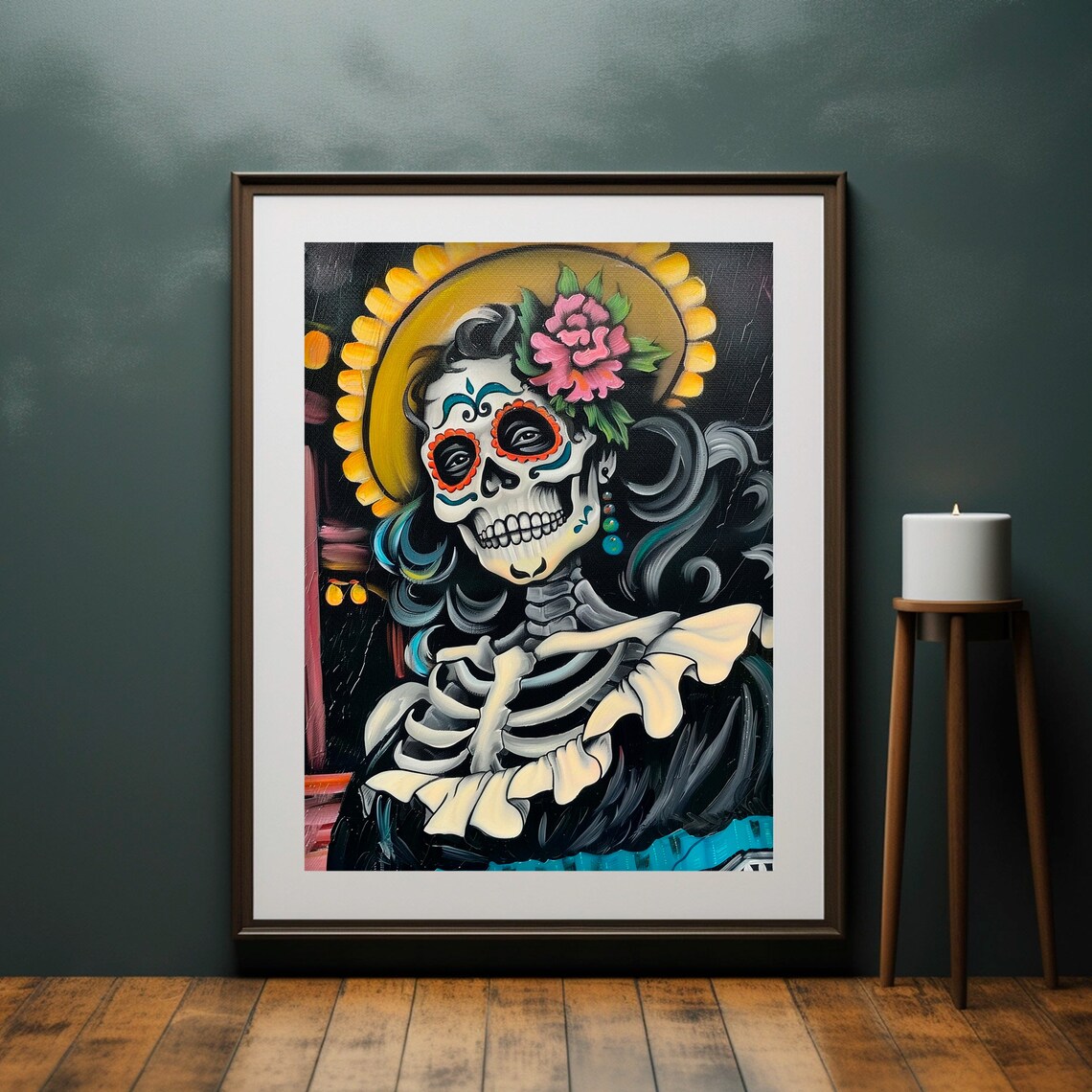 La Catrina Skeleton Colorful Sugar Skull Face Paint Floral Crown Poster - Image 2