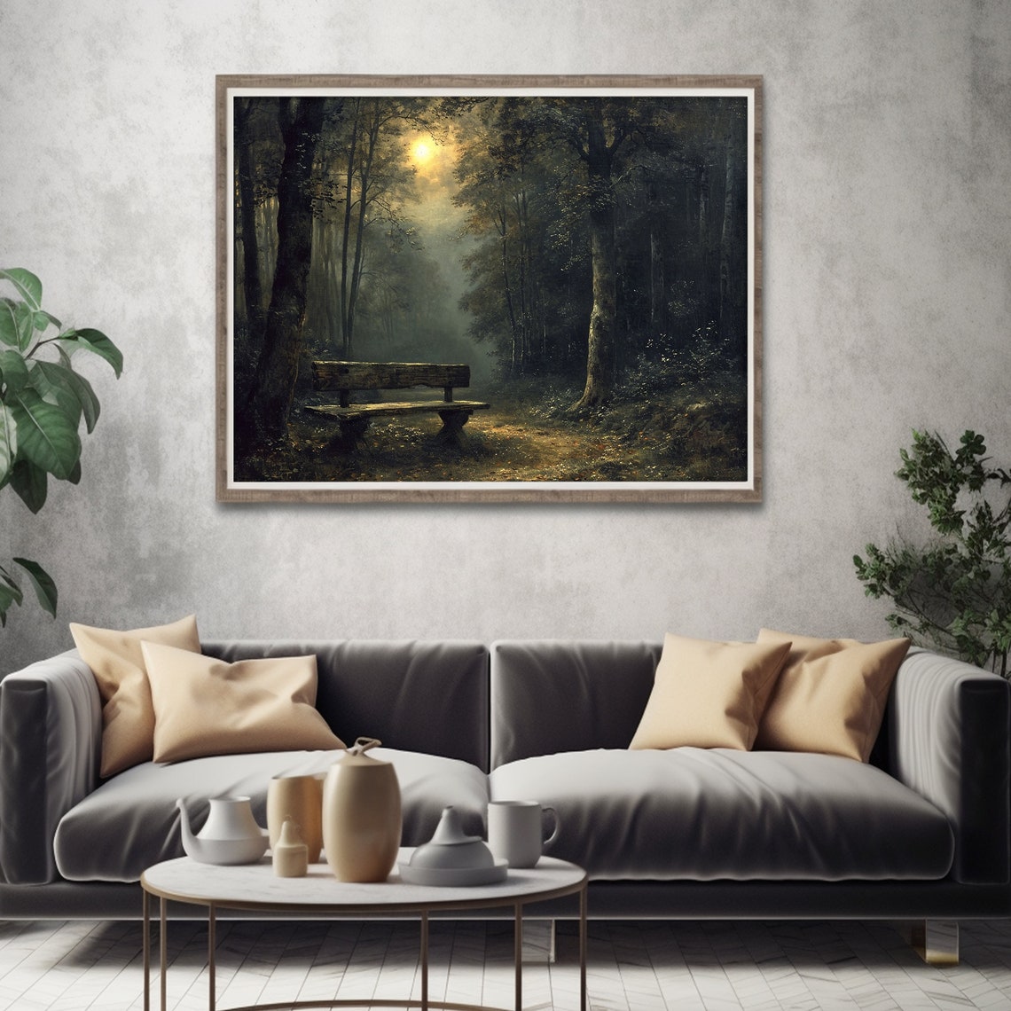 Empty Bench In Foggy Forest Night Dark Moody Woods Painting Poster - Image 5