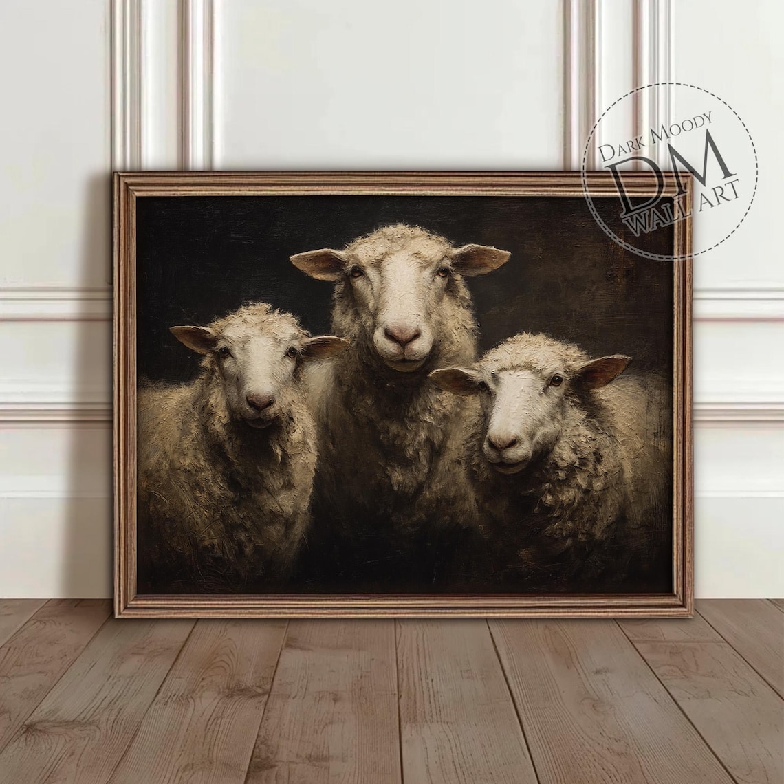 Sheep Trio Moody Dark Farmhouse Animal Portrait Oil Painting Poster