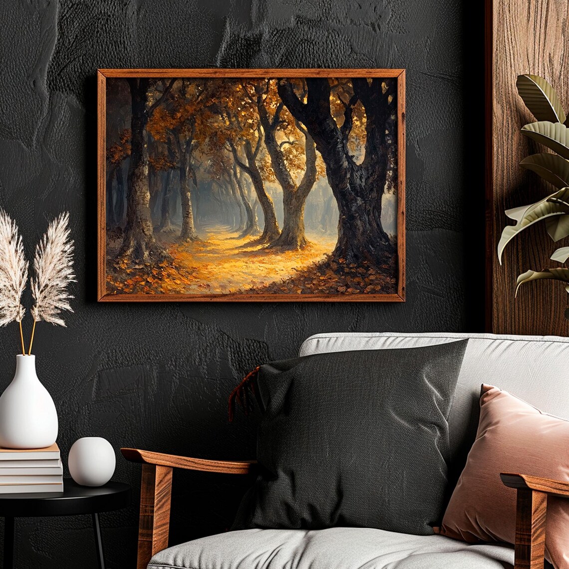 Misty Ancient Oak Forest Golden Light Moody Woodland Path Painting Poster - Image 4