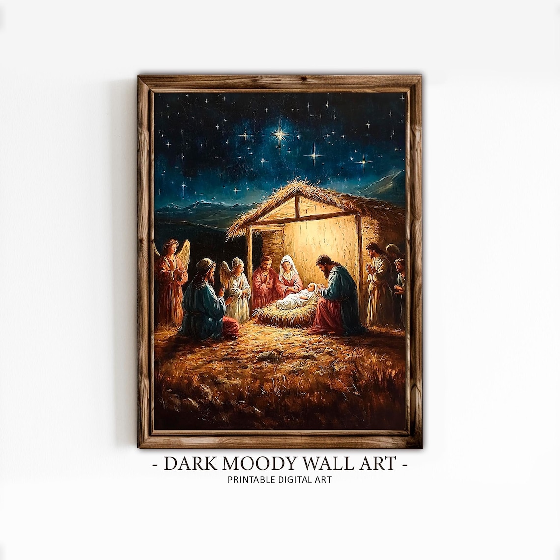 Nativity Scene Holy Family In Stable Under Starry Night Sky Wall Art