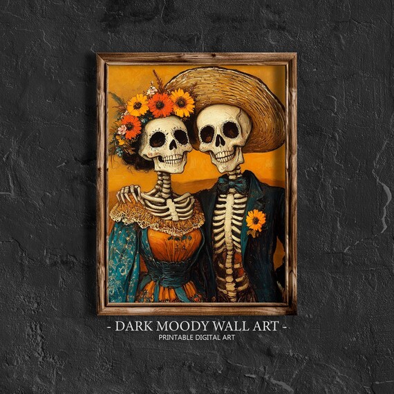 Day of the Dead Skeleton Couple Catrina Love Golden Sugar Skull Portrait Poster