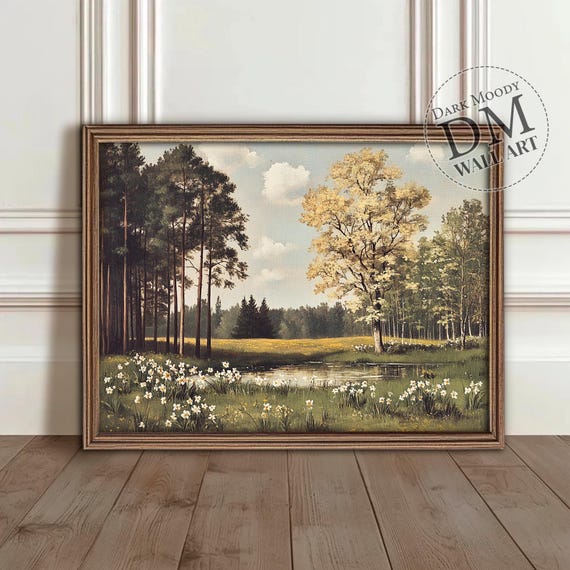 Forest Pond Landscape Wall Art Rustic Field Scenery