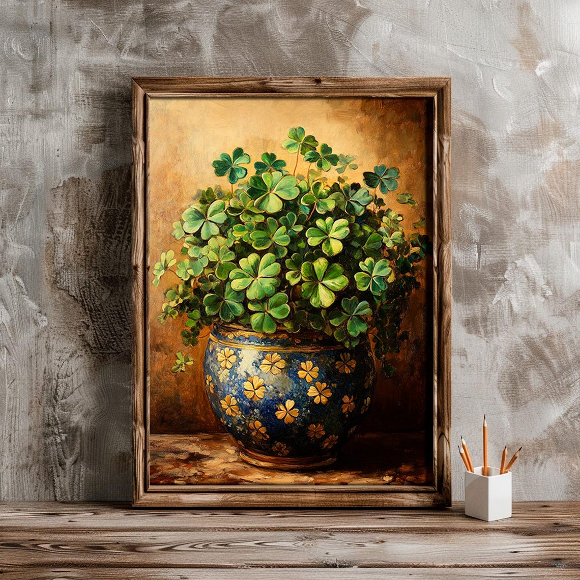 Clover Pot Print Vintage St Patricks Day Decor Rustic Irish Wall Art Shamrock Painting - Image 2