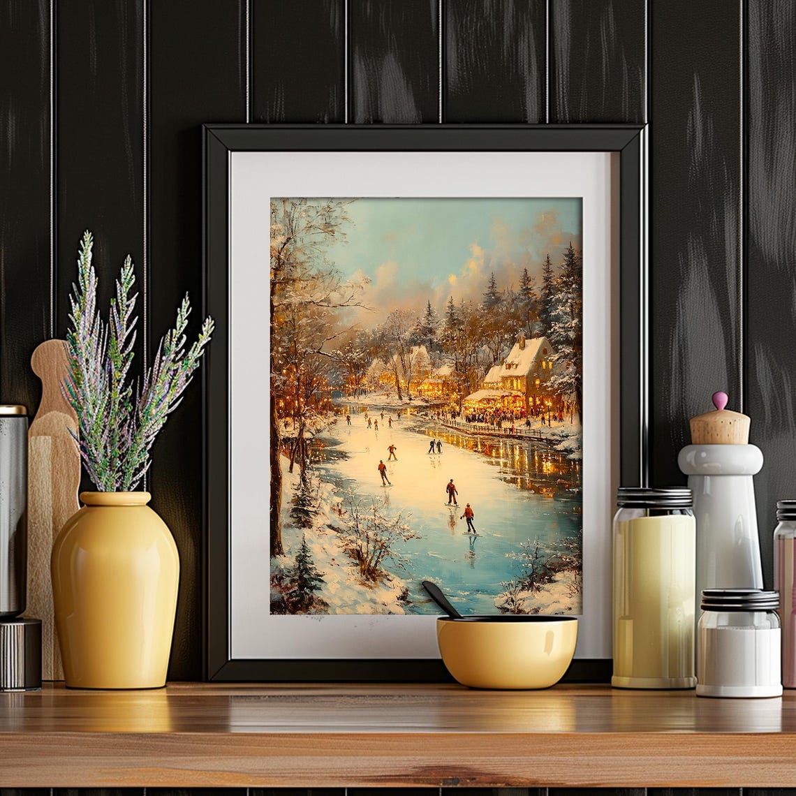 Frozen River Skaters Glowing Winter Cabins Twilight Painting Poster - Image 6