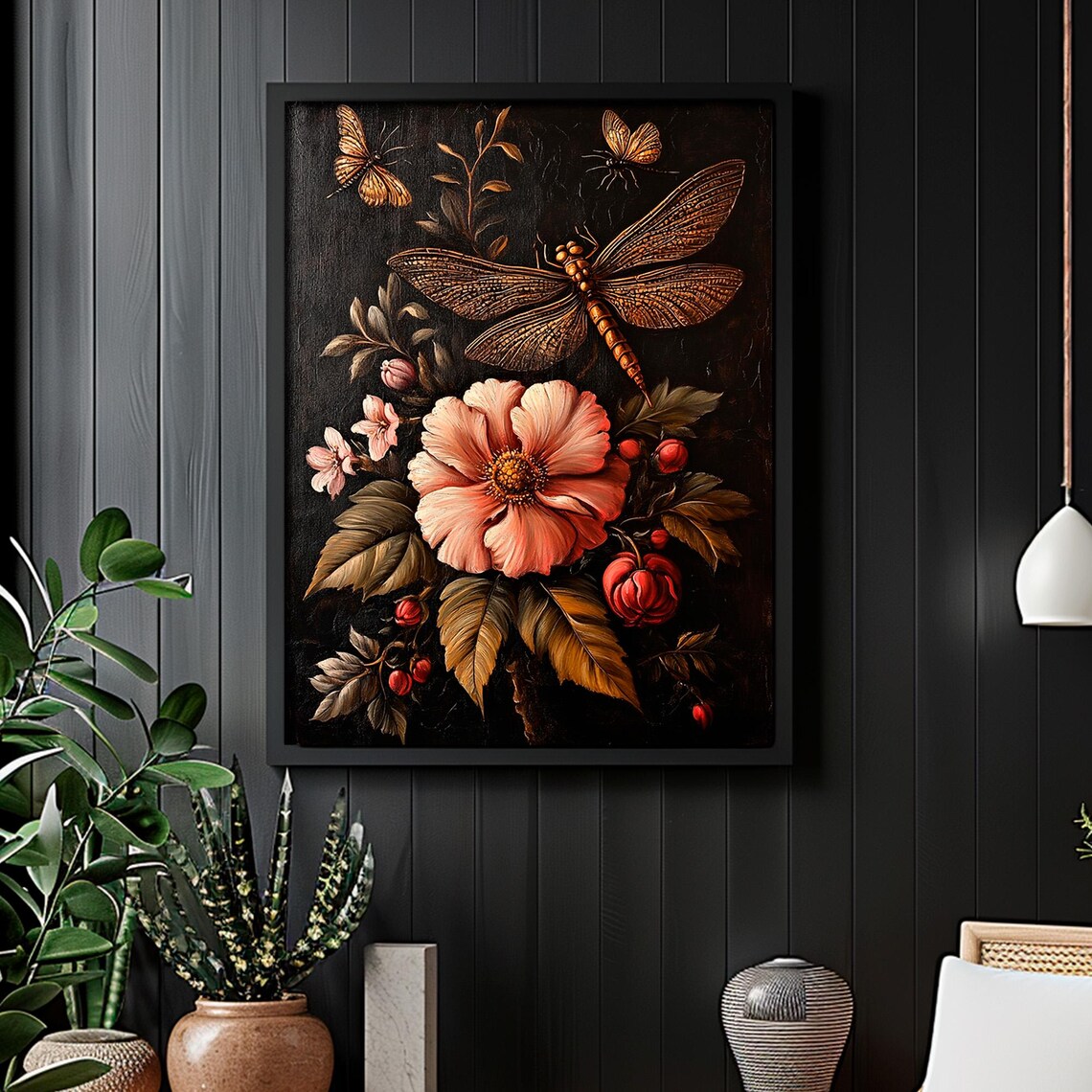 Dragonfly Butterflies Pink Rose Dark Botanical Vintage Floral Painting Poster - Image 2
