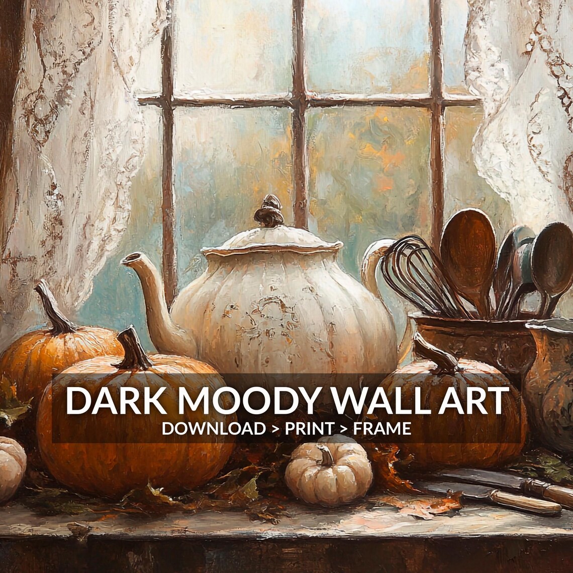 Pumpkins And Teapot Kitchen Window Autumn Still Life Wall Art - Image 6