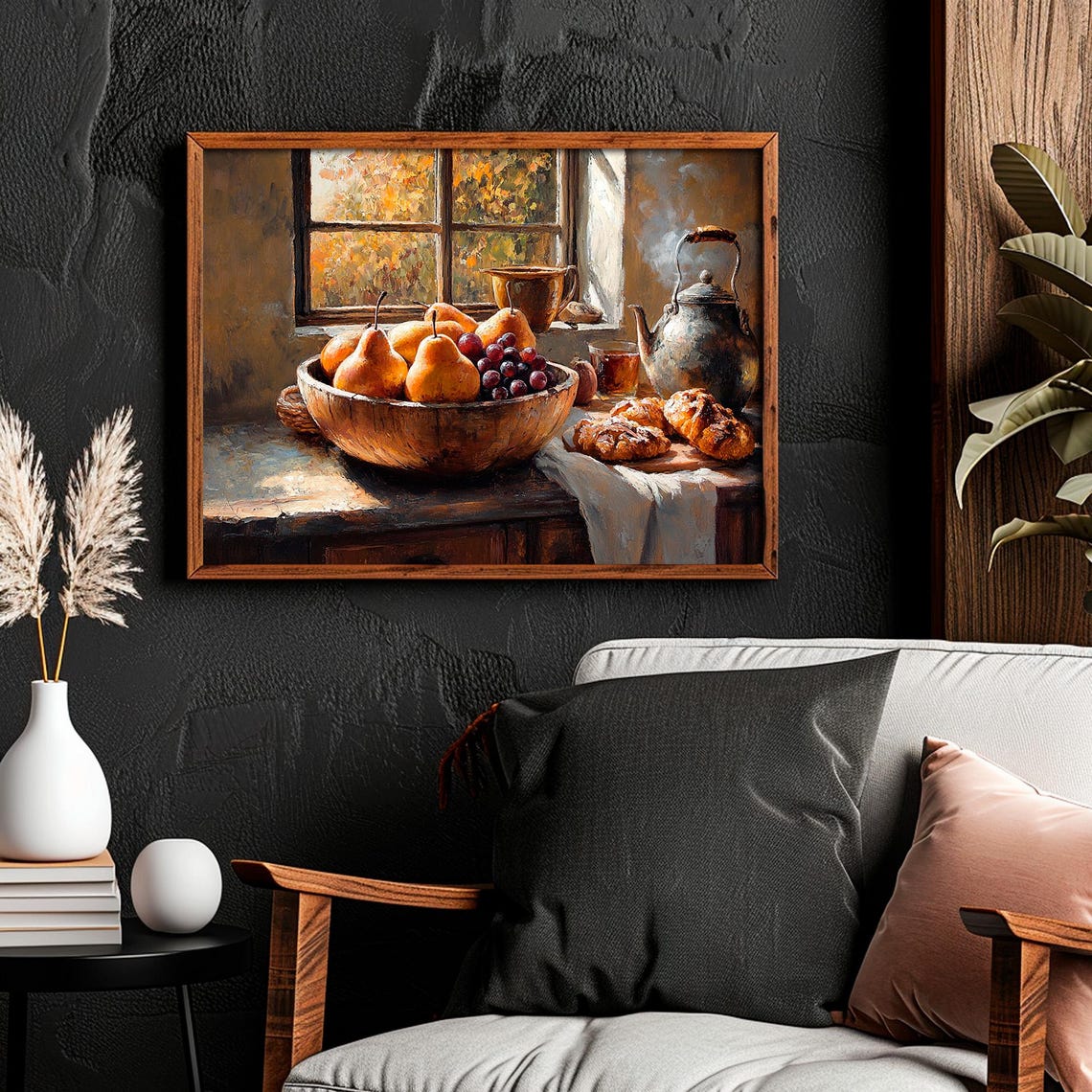 Autumn Pears And Grapes Kitchen Still Life Oil Painting Wall Art - Image 2