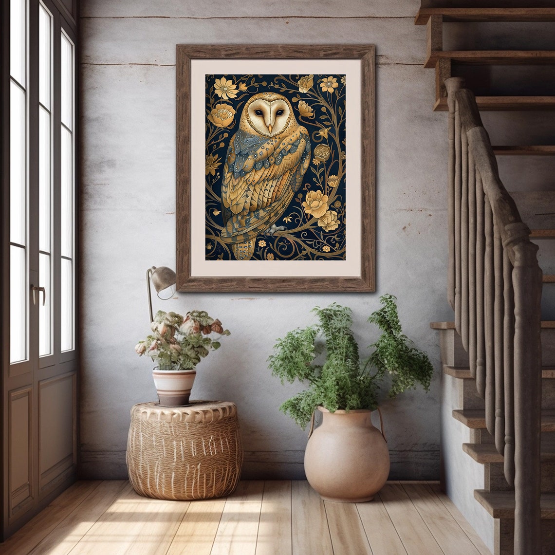 Golden Barn Owl Floral William Morris Style Dark Vintage Wall Art - Image 2
