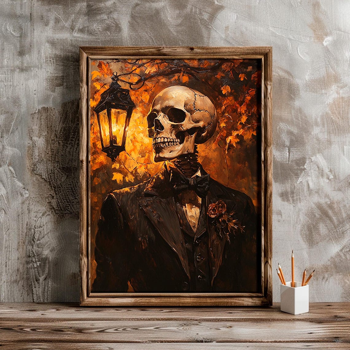 Dapper Skeleton Suit Portrait Autumn Lantern Halloween Wall Art - Image 2