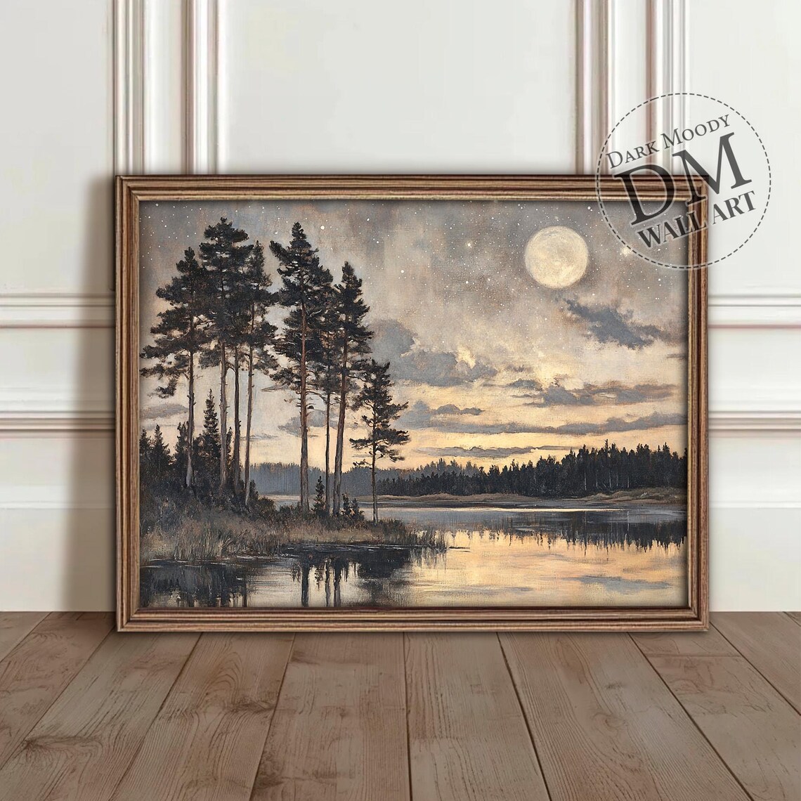 Moonlit Pine Forest Lake Full Moon Stars Reflective Water Art Poster