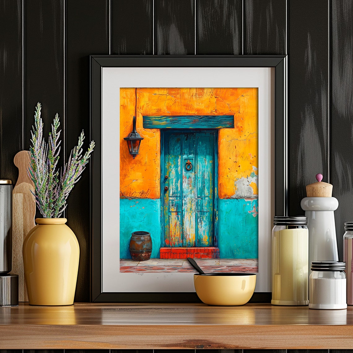 Turquoise Rustic Door Orange Wall Lantern Mexican Charm Art Poster - Image 2