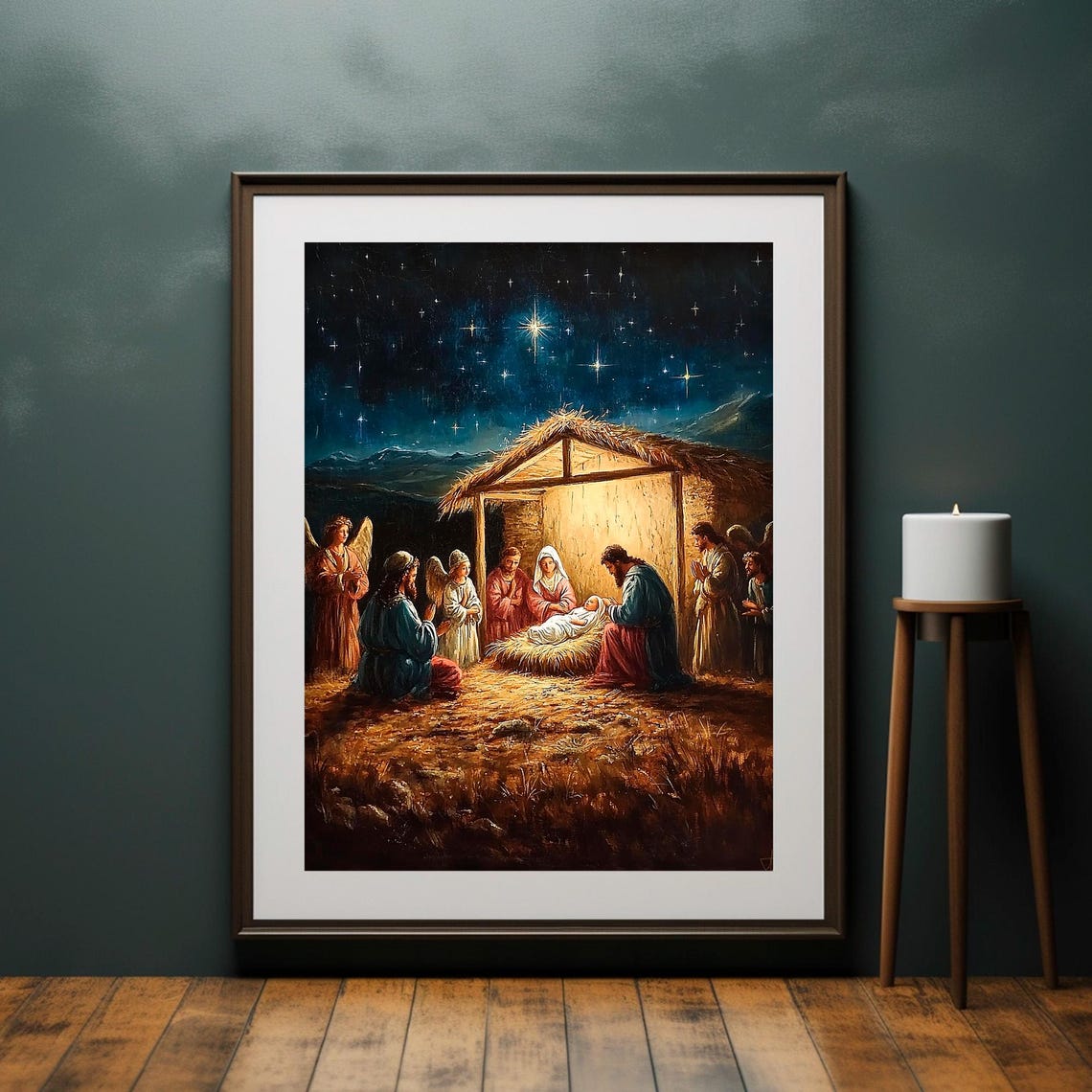 Nativity Scene Holy Family In Stable Under Starry Night Sky Wall Art - Image 2