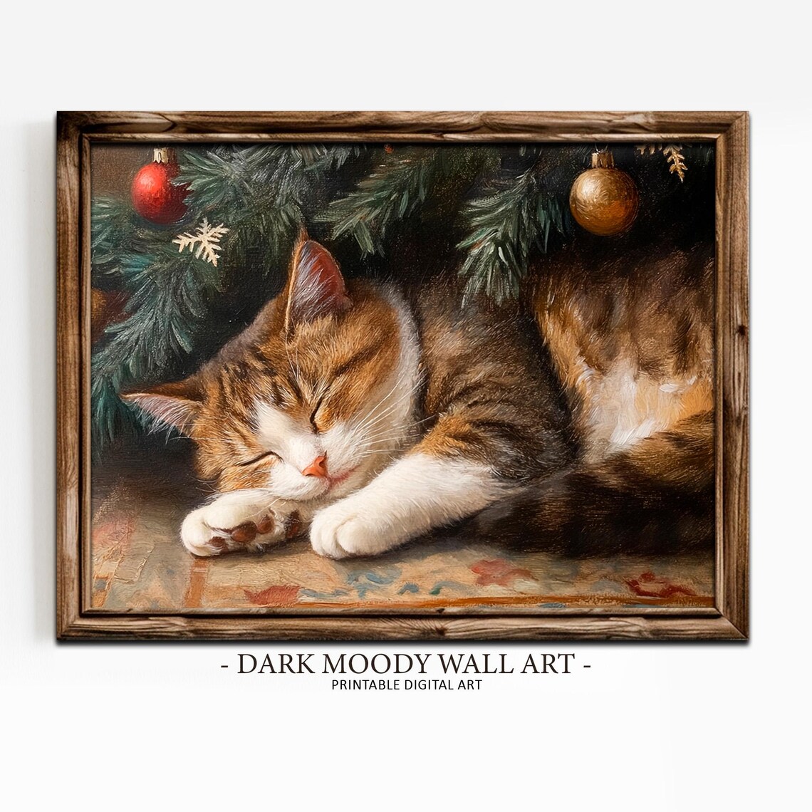 Cat Sleeping Under Christmas Tree, Vintage Art Print