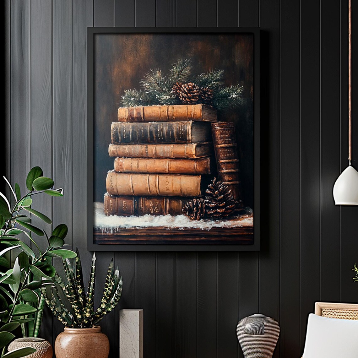 Vintage Books Stacked With Pine Cones Moody Holiday Winter Wall Art - Image 5