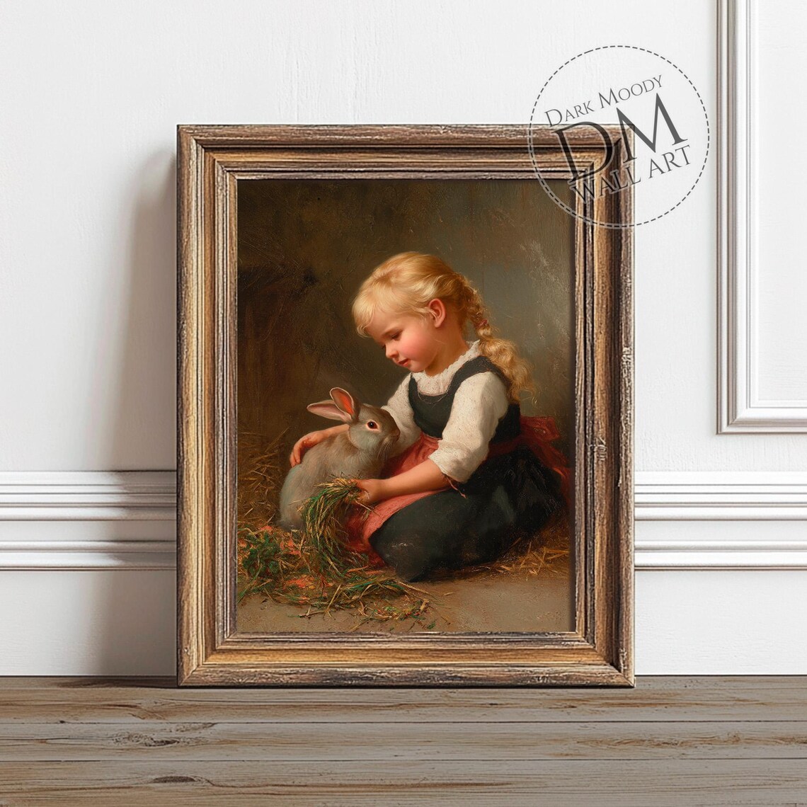Girl With Rabbit, Rustic Vintage Portrait Print