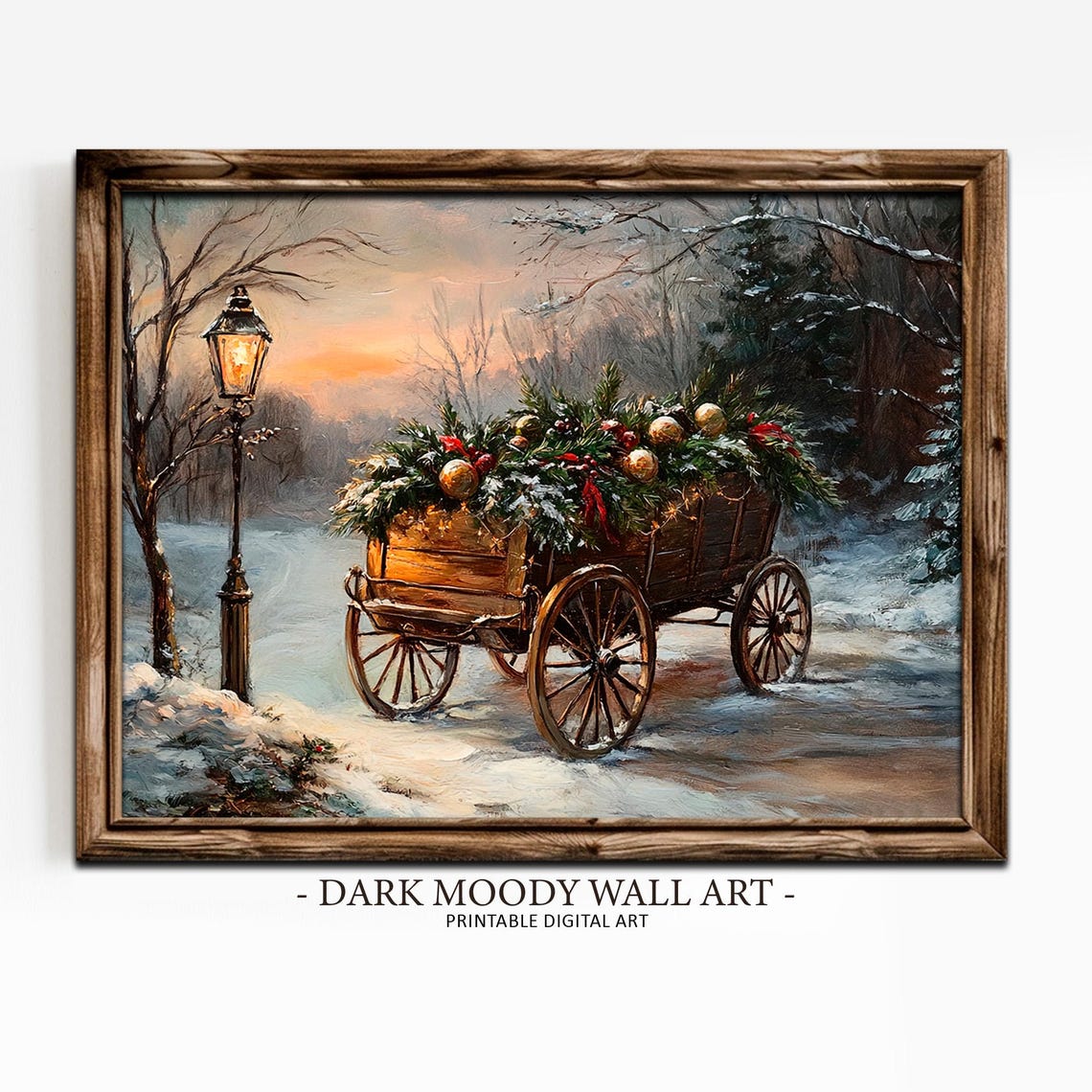 Christmas Cart With Greenery Beside Lamppost at Dusk Wall Art - Image 2
