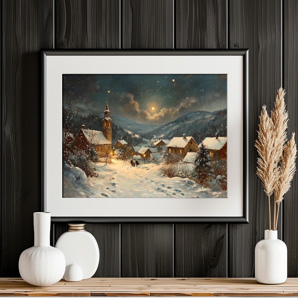Snowy Village Church Starry Night Mountain Winter Painting Poster - Image 4
