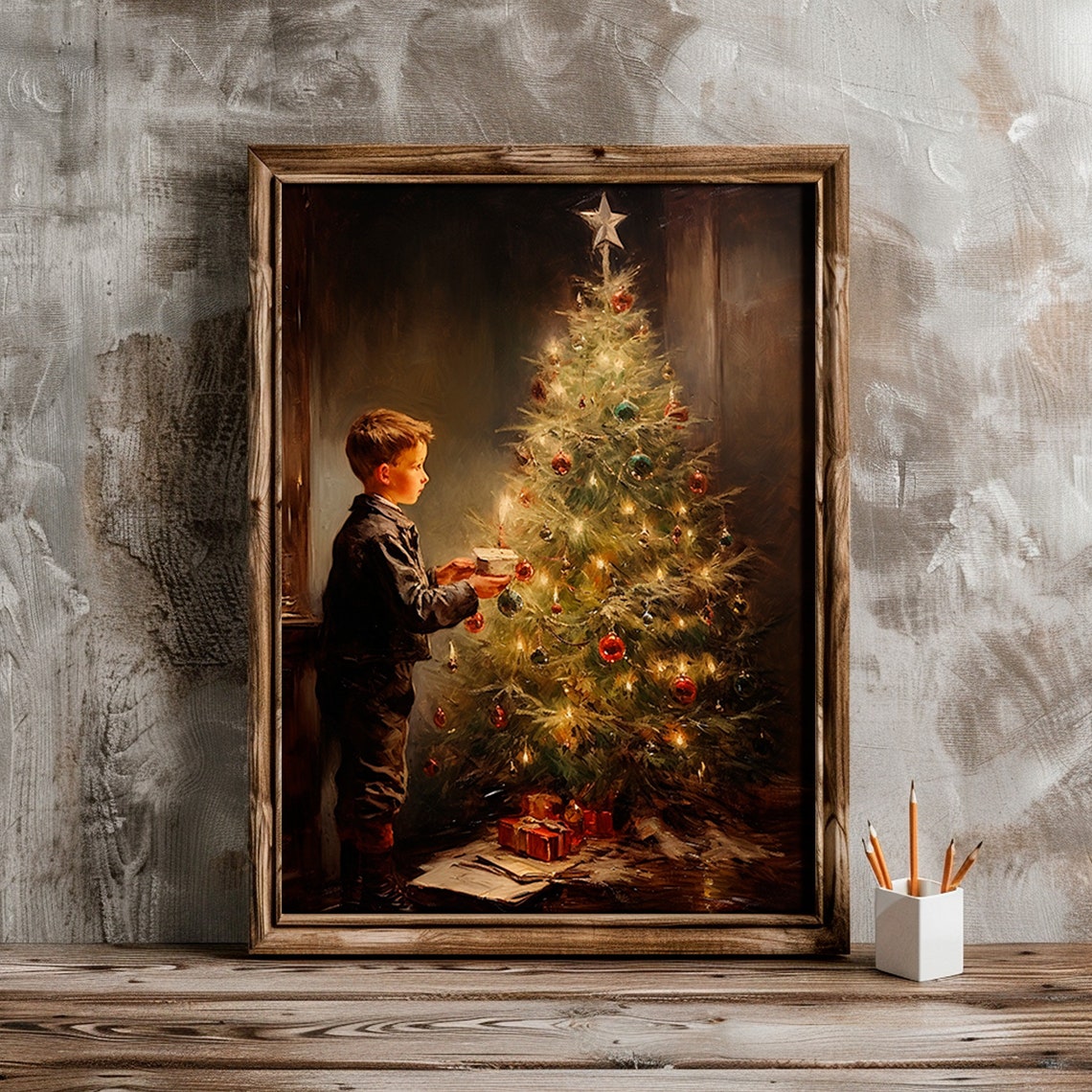 Victorian Boy Decorating Christmas Tree Starry Night Art Print - Image 6