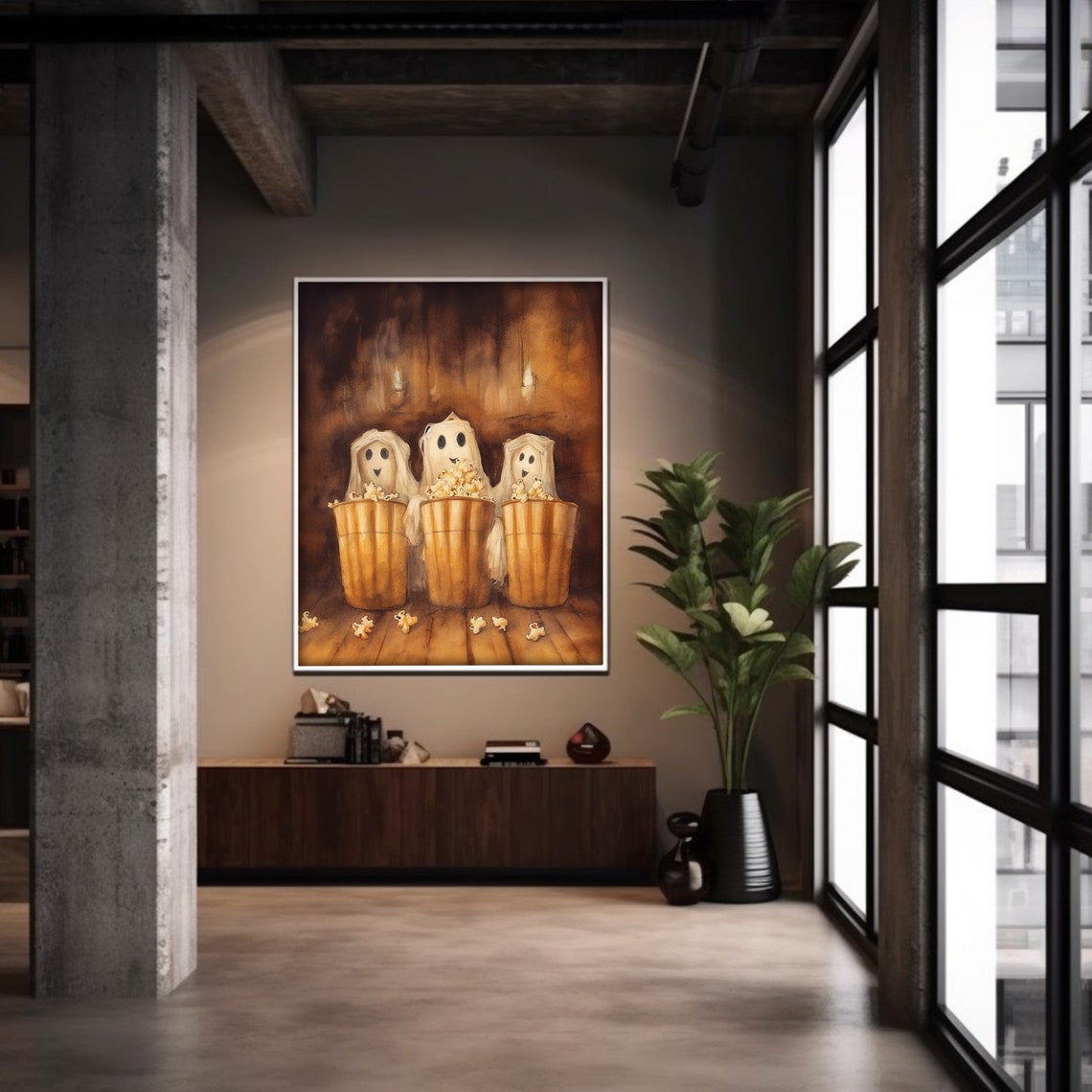 Cute Ghost Print Moody Haunted Halloween Art Gothic Ghost Eating Popcorn Painting Decor - Image 4