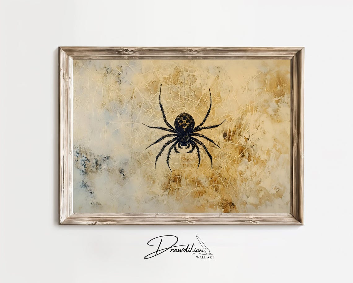Vintage Black Spider on Web Sepia Halloween Spooky Decor Poster