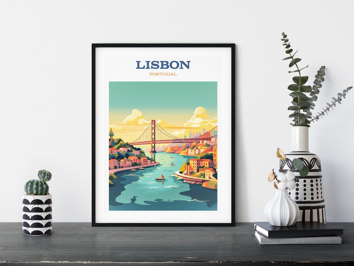 Lisbon Portugal Red Bridge Sunset Harbor Retro Travel Poster