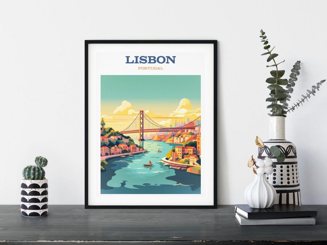 Lisbon Portugal Retro Travel Poster Wall Art Various Sizes Instant Ai Gen Bridge Ponte Gift