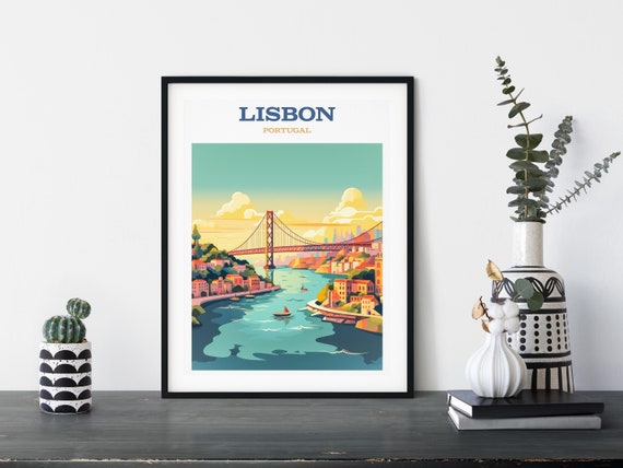 Lisbon Portugal Retro Travel Poster Wall Art Various Sizes Instant Ai Gen Bridge Ponte Gift
