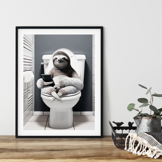 Sloth Sitting On The Toilet Looking At Mobile Phone Funny Bathroom Wall Art Poster Instant Ai