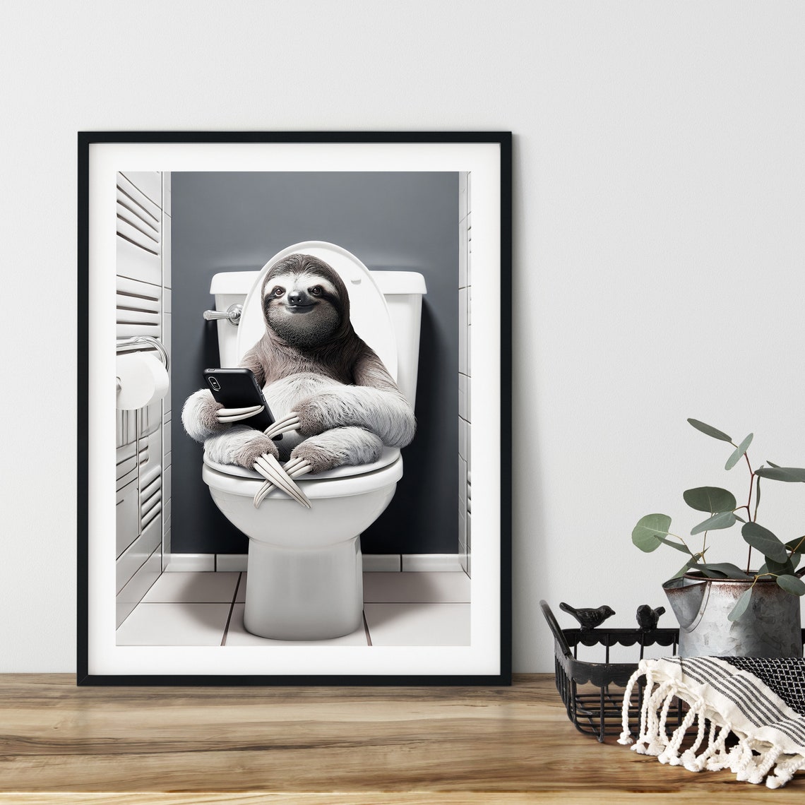 Funny Sloth Sitting On The Toilet Scrolling Phone Bathroom Poster