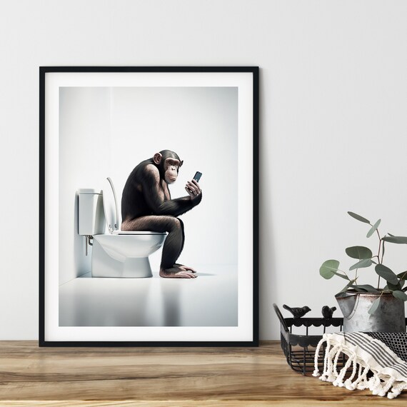 Himpanzee Sitting On The Toilet Looking At Mobile Phone Funny Bathroom Poster Instant Ai Art Cmonkey