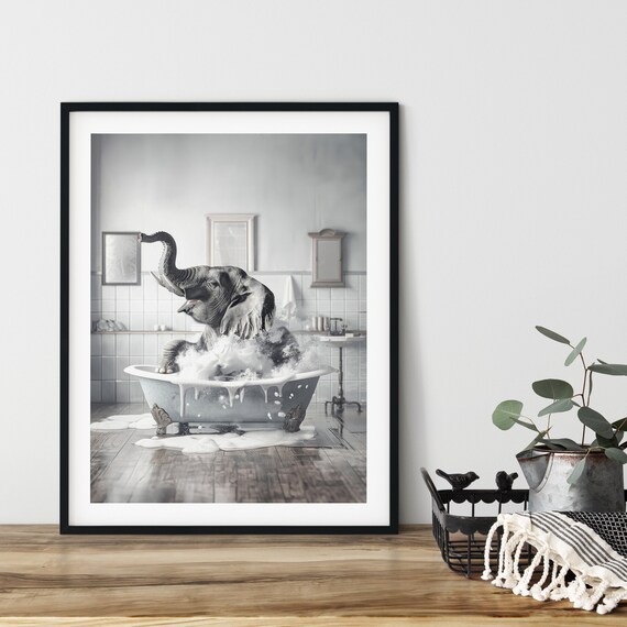 Happy Elephant In Bath Funny Bathroom Wall Art Poster Various Sizes Instant Ai Animals