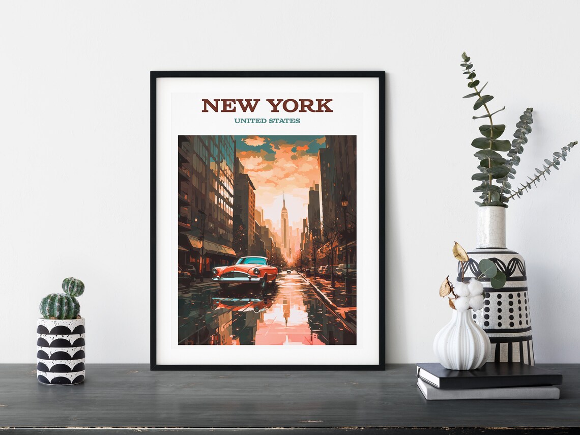New York City Rainy Street Classic Car Retro Travel Style Poster