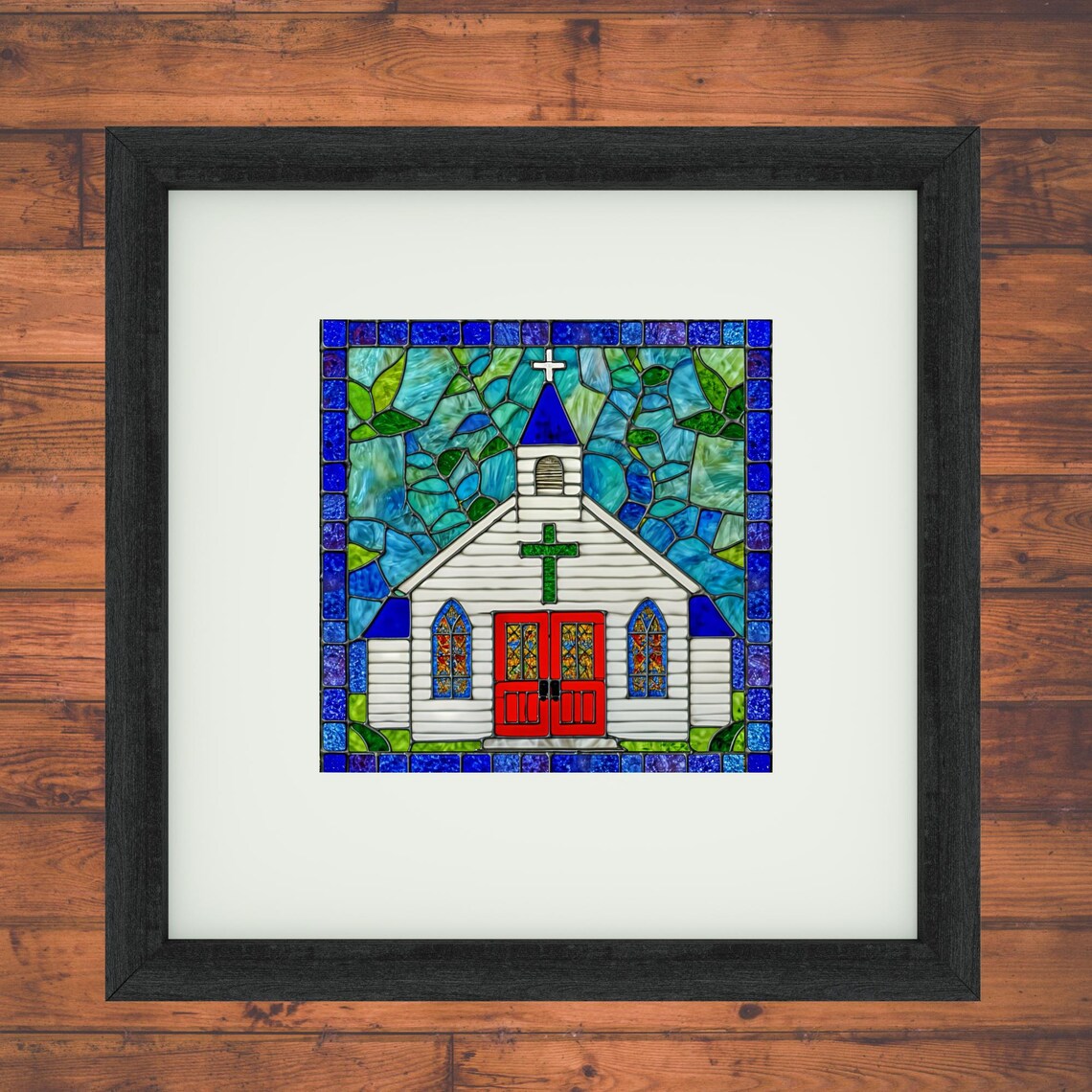Country Church Stained Glass Style White Chapel Red Doors Wall Art - Image 2