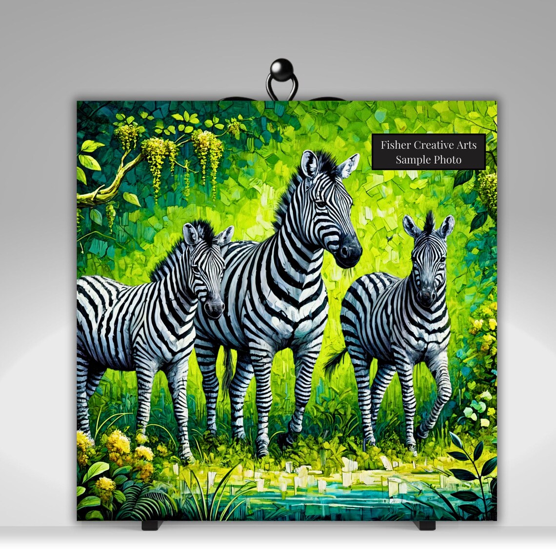 Three Zebras in Lush Green Jungle Impressionist Art Wall Art - Image 4