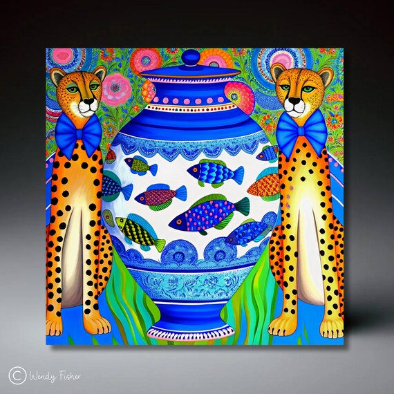 Cheetah Pair And Fish Ginger Jar Folk Art Ceramic Tile Wall Art