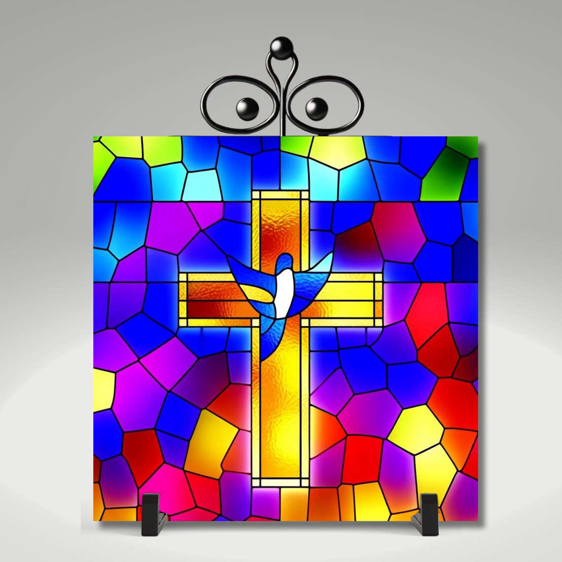 Golden Cross with White Dove Mosaic Stained Glass Faith Wall Art - Image 4
