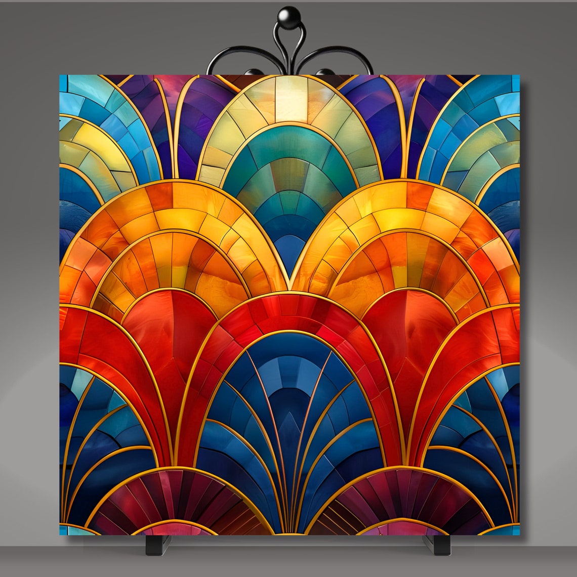 Modern Art Deco Ceramic Tile 2 Wall Art Stained Glass Look Birthday Gift Boho Rainbow Home Accent Decorative Tile Trivet - Image 5