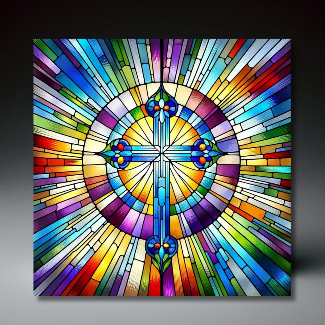 Rainbow Sunburst Cross Mandala Colorful Stained Glass Art Wall Art
